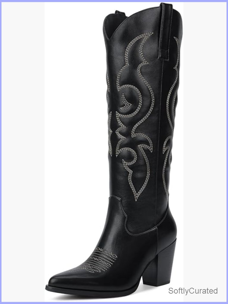 Knee High Cowboy Boots With Side Zipper, Retro Pointed Toe Block Heel
